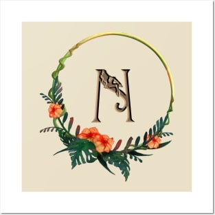 Tropical Letter N with flower frame and girl figure Posters and Art